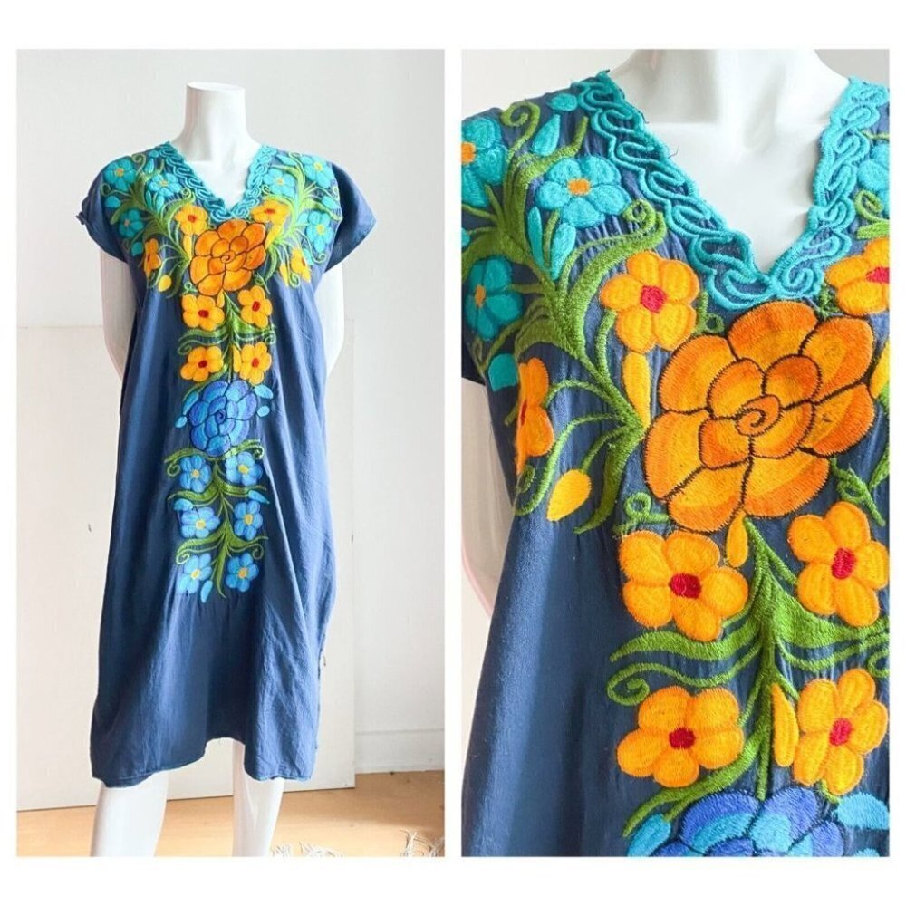 Vintage Navy Blue Cotton Floral Embroidered Tunic Dress L